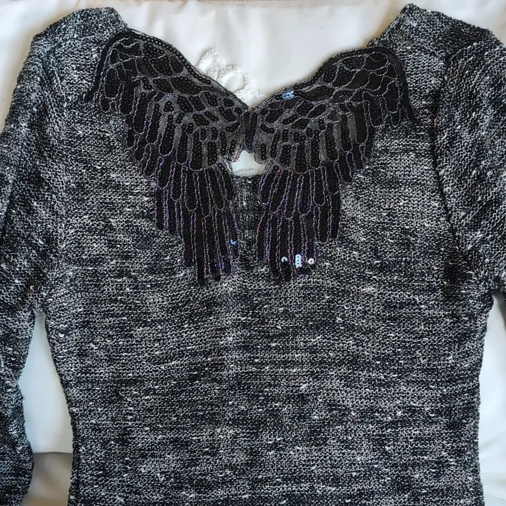 Be Somebody's Angel-Papillon Woven Sweater Sequin Angel Wings On Your Back SizeM